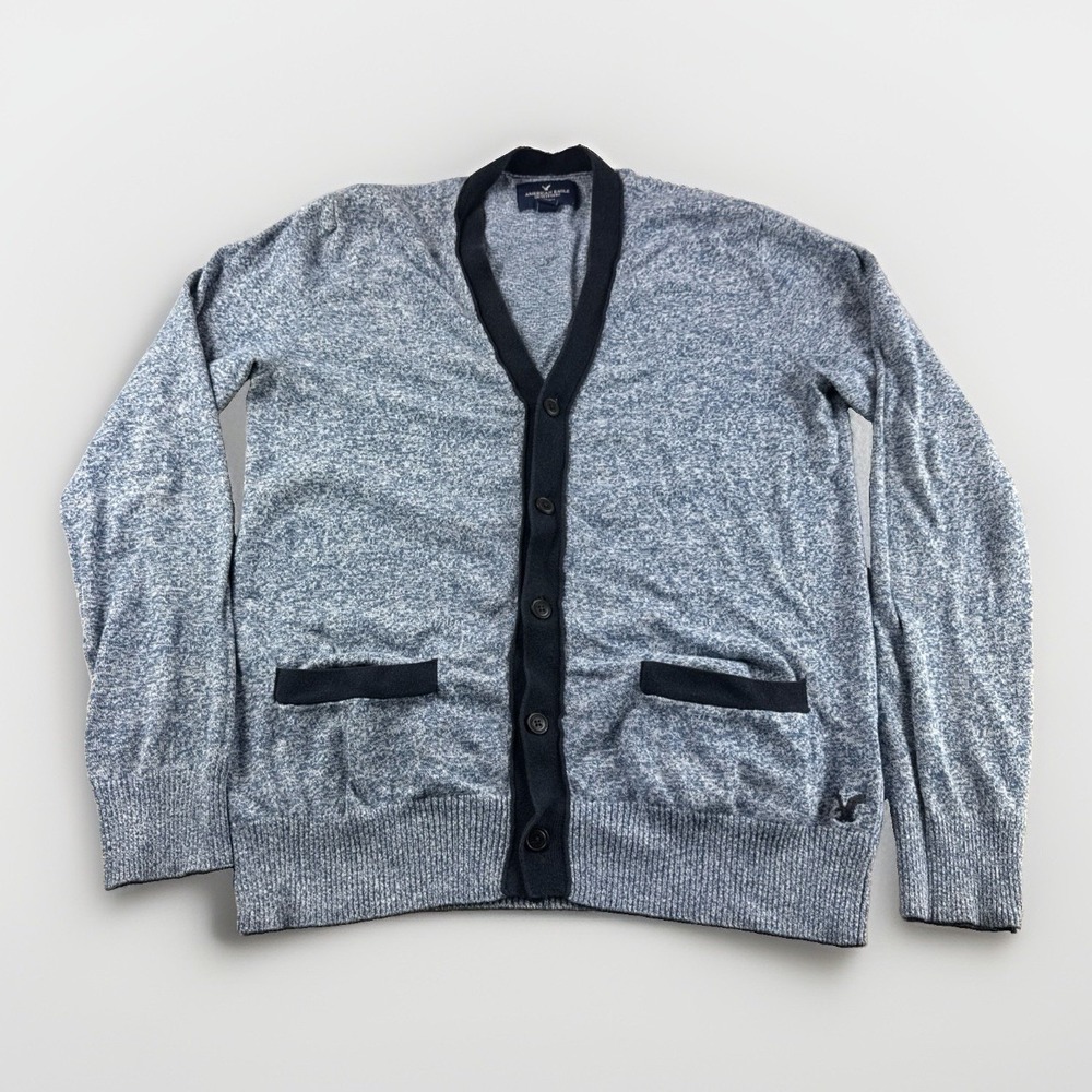American Eagle Cardigan Mens S Blue Sweatshirt Button Up Sweater Pockets READ